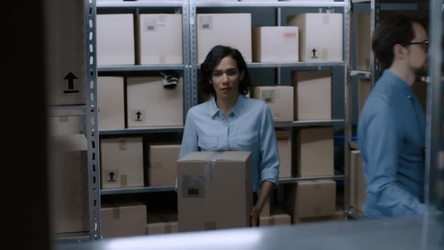 Female Warehouse Worker Puts Cardboard Box of a Shelf and Smiles Charmingly. In the Background Rows of Shelves Full of Cardboard Boxes and Parcels Filled with Products Ready for Shipment. 