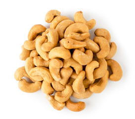 Pile of fried cashew on a white, isolated. The view from the top.