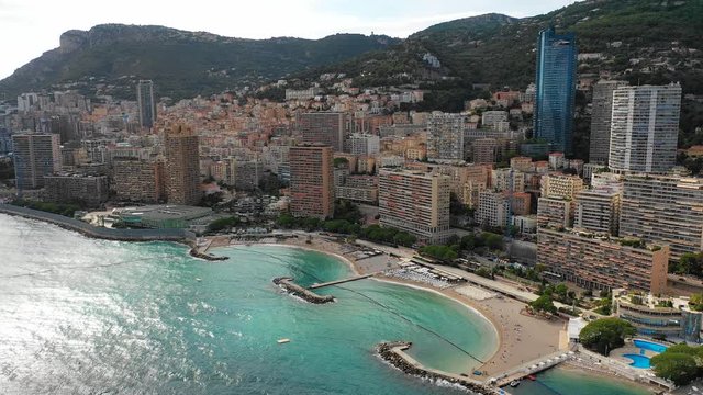 Aerial panoramic view of skyline of Monte Carlo, landscape panorama of Monaco from above, Europe