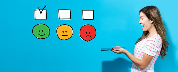 Survey with young woman using her tablet