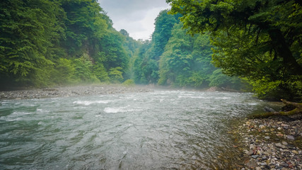 Mountain river in the forest of Krasnodar Territory
