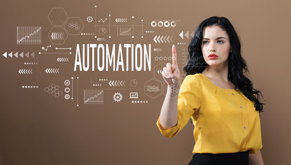 Automation text with business woman on a brown background