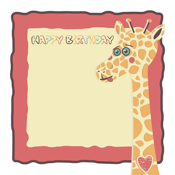 image frame with a giraffe. inscription happy birthday.