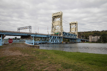 Downtown Houghton Michigan Waterfront Park. Bridgeview Park in downtown Houghton with the unusual landmark Portage Lift Bridge in the background. 