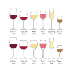 Types of wine glasses set. Colorful full wine glasses for light red, bold red, white, sparkling wine on white background.