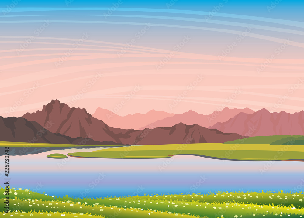 Poster summer landscape - lake, mountain, flowers, sunset sky