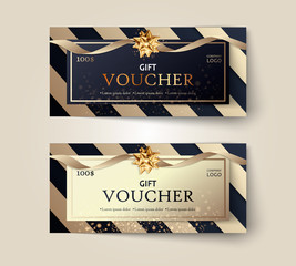 Vector set of luxury gift vouchers with ribbons and gift box. Elegant template for a festive gift card, coupon and certificate. Discount Coupon Template Vector Illustration EPS10 - obrazy, fototapety, plakaty