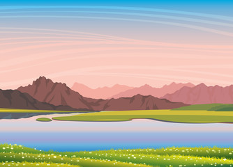 Fototapeta na wymiar Summer landscape - lake, mountain, flowers, sunset sky