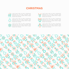 Fototapeta na wymiar Christmas concept with thin line icons: Santa Claus, snowflake, reindeer, wreath, bells, candy cane, polar bear in hat, angel, mitten, candle, penguin, garland. Vector illustration, web page template.