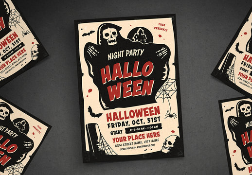 Halloween Party Flyer Layout with Grim Reaper Illustration
