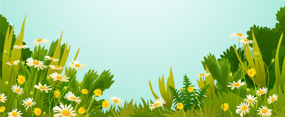  Dandelions and daisies flowers with grass and bushes isolated on blue sky background vector illustration.