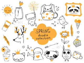 Spring doodle collection. Simple design of cute animals, birds, flowers and other design elements perfect for kid's card, banners, stickers and other kid's things