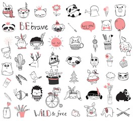 Spring doodle collection. Simple design of cute animals, birds, flowers and other design elements perfect for kid's card, banners, stickers and other kid's things.