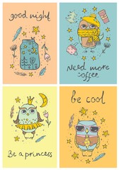 Set of 4 Vector cards with cute hipster and tribal owls and funny hand drawn text