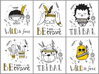 Vector set of cards with cute doodle tribal animals and other pictures. Perfect for kid's interiors, banners and posters.