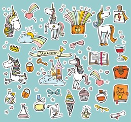 Vector set of Magic cute unicorns and other design things for kid's interior, cards or posters.