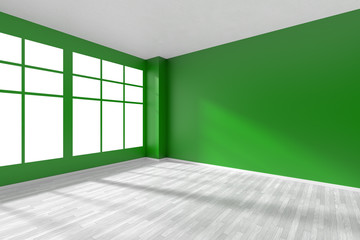 Empty dark green room corner with white floor and window