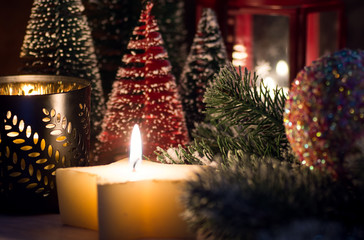 Christmas arrangement of New Year's decor in a festive evening