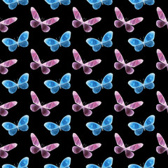 Watercolor colorful butterflies pattern, isolated on black background. Pink and blue butterfly illustration. Design for textile, fabric, print, wrapping, wallpaper, paper, cloth. Seamless pattern.