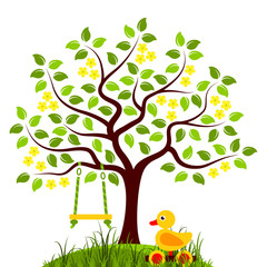 flowering tree with swing and duck pull toy