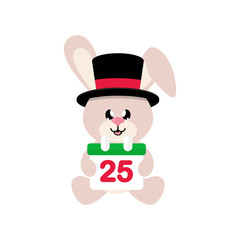 winter cartoon cute bunny in hat with christmas calendar sitting 