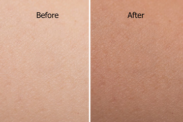 comparison portrait of woman skin color texture after use tan spray