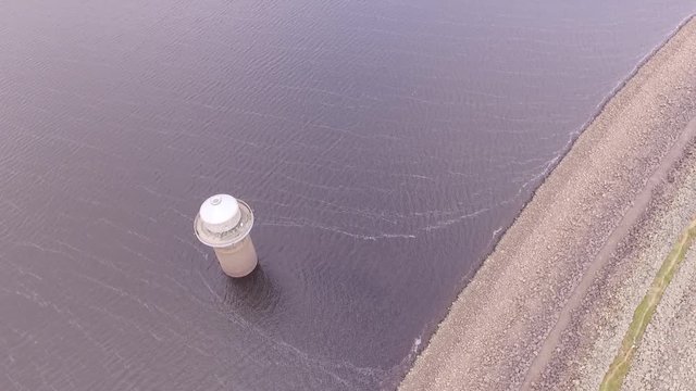 Llyn Celyn, aerial shot flying towards the intake tower drought 2018.