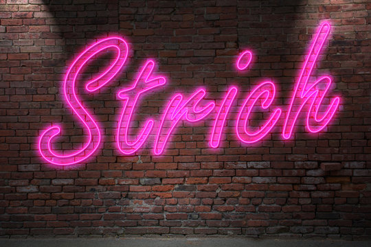 Leuchtreklame Strich an Ziegelsteinmauer