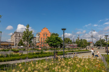 Public transport city Wrocław with park place on square relaxing place
