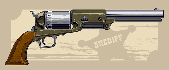 Graphic detailed old revolver with sheriff star - obrazy, fototapety, plakaty