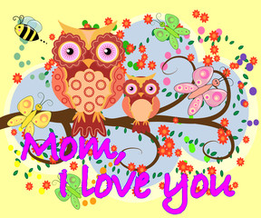 Mother's day owl. Cute illustration of happy mother and kid owl sitting on tree branch