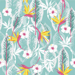 vector seamless beautiful artistic bright tropical pattern with exotic forest.