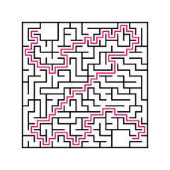 Black square maze with entrance and exit. An interesting and useful game for children. Simple flat vector illustration isolated on white background. With the answer.