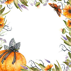 Fototapeta premium Watercolor Halloween frame of pumpkin and wild flowers 