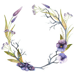 Watercolor halloween wreath of flowers and butterfly