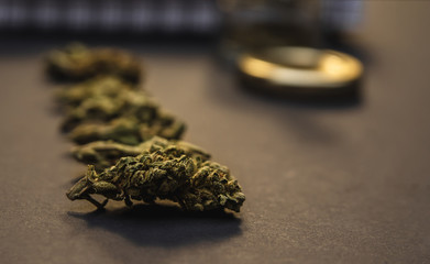 Cannabis bud lineup, stationery, joint, jar, pages on black background
