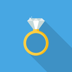 Diamond ring flat icon isolated on blue background. Simple wedding ring sign symbol in flat style. Shining stone Vector illustration.