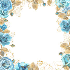 Fototapeta na wymiar frame with watercolor blue roses-1