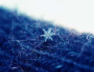 beautiful carved cold iridescent snowflake in the form of a bright star lies on warm knitted clothes in a winter