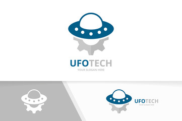 Vector UFO and gear logo combination. Spaceship and mechanic symbol or icon. Unique alien and industrial logotype design template.