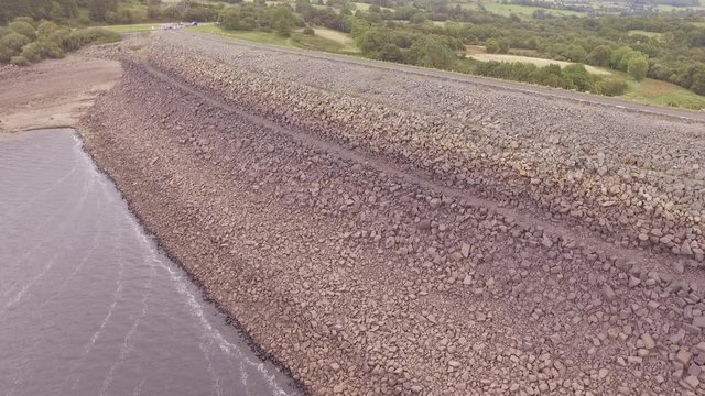 Llyn Celyn, aerial shot of the reservoir bank in drought 2018.