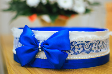 wedding decor. box, jewelry box adorned with ribbons and rhinestones