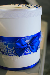 wedding decor. box, jewelry box adorned with ribbons and rhinestones
