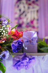The restaurant is decorated with wedding decor, Banquet hall . The table of the bride and groom . bottle decorated with hand work