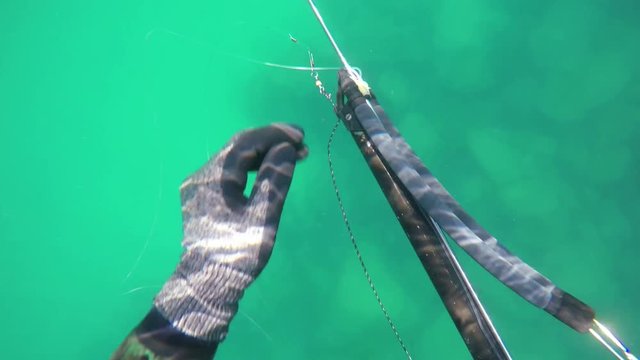 Underwater hunter, fisherman reloads the gun under water.