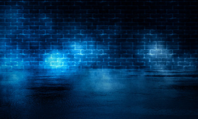 Background of empty room with brick wall and concrete floor. Smoke, fog, neon light