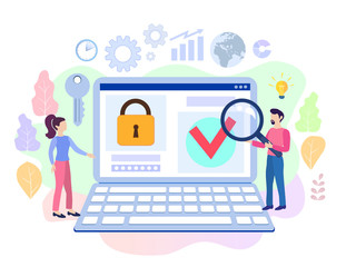 Infographic, banner with  protect data and confidentiality. Safety and confidential data protection, concept with character saving code and check access. Flat vector illustration