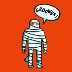 Halloween monster. Cute spooky mummy with and roar speech bubble on orange background. Halloween costume, Egyptian mummy, dead, undead monster. Flat cartoon Vector illustration.