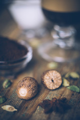 Fototapeta na wymiar Spices for masala chai or chai latte. Nutmeg, cardamom, cinnamon and anis