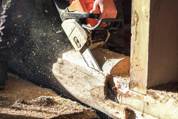 the worker saws off a log with a chainsaw - obrazy, fototapety, plakaty